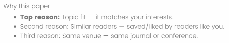 Text explanation modality showing recommendation reasons as a ranked bullet list.