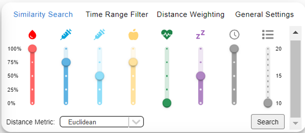 Similarity search settings allowing users to select health features, distance metrics and feature weights.